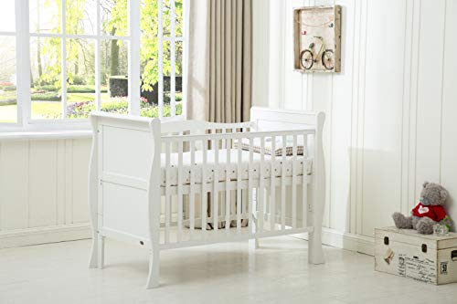 mcc direct Solid Wooden Cot Bed Savannah Sleigh Toddler Bed with Premier Water Repellent Mattress - Made in England (white)