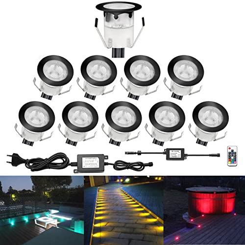 CHNXU 10er Set LED Bodeneinbauleuchte Ø30mm 0.3W Treppen Einbaustrahler DC 12V IP67 Wasserdicht Außen Lampe RGB Farbwechsel Lichter für Garden Küche Decke Holzbrücke Poolbeleuchtung Holzdeck, Schwarz