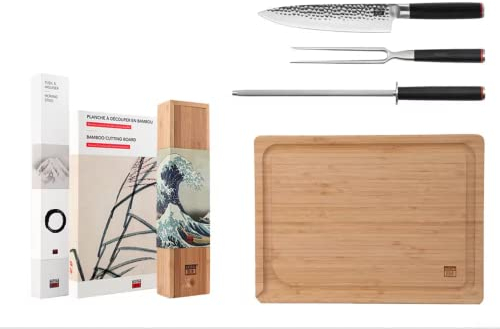 Kotai Le Set Grillades Deluxe : Gyuto (couteau de chef) + fourchette à découper + fusil à aiguiser + planche à découper