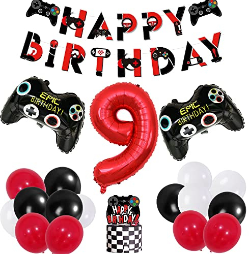 Lifreer Spiel Geburtstagsparty Deko Jungen 9 Jahre, Videospiel Party Geburtstags Deko Zubehör Set mit Banner, Schwarz, Rot, Ballon Kuchenaufsatz für Jungen im 9. Jahr, Geburtstagsdeko