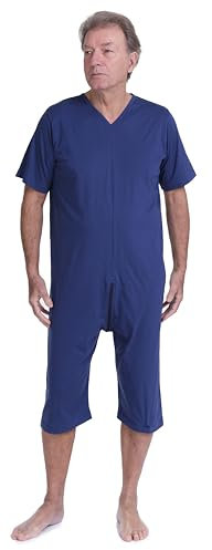 FERRUCCI COMFORT Men's Alzheimer's Pajamas Short Sleeves Overall Onesie Jumpsuit with Zipper at Back - 9078 MC PC - Incontinence, for Seniors and Dementia, 100% Cotton, Blue