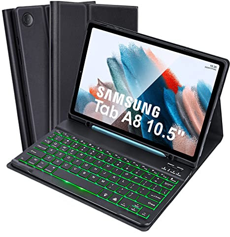 SOPPY Backlit Keyboard Case for Samsung Galaxy Tab A8 10.5 inch, UK Layout, Built-in S Pen Holder, Slim Cover with Detachable Keyboard for Samsung Tab A8 10.5 2022 (SM-X200/ X205 /X207), Black