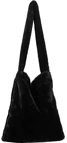 KALIDI Plüsch Handtasche mit Reißverschluss Niedlich Flauschige Crossbody Bag Damen Schultertasche für Uni Mädchen, Schwarze