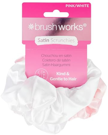 Brushworks Pink & White Satin Hair Scrunchies – 4 Pack Soft Satin Hair Bands for Ponytails, Buns & Everyday Styling, Smooth & Comfortable, Gentle on Hair