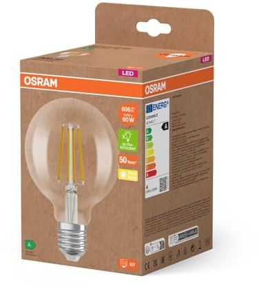OSRAM LED Stromsparlampe, Filament Globe mit E27 Sockel, Warmweiß (3000K), 4 Watt, ersetzt herkömmliche 60W-Leuchtmittel, besonders hohe Energieeffizienz und stromsparend, 1er-Pack