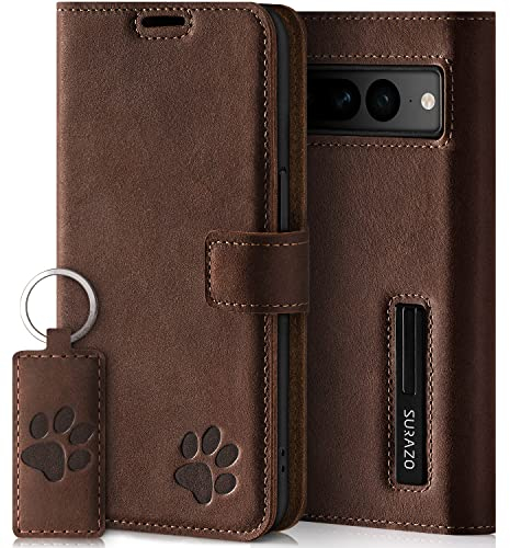 SURAZO Premium Handyhülle für Google Pixel 7 Pro 5G – Echtleder Schutzhülle mit Pfote Motiv – RFID Klapphülle [mit Magnet, Standfunktion, Kartenfach] Cover Hülle Leder Case Lederhülle (Nussbraun)