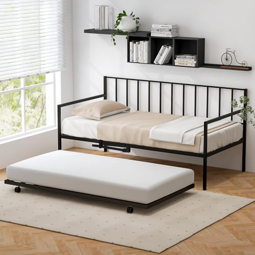 GIANTEX Metal Daybed with Trundle, Twin Size Day Bed with Pullout Trundle & Steel Slat Support, 4 Lockable Casters, Space Saving Trundle Sofa Bed for Living Room Guest Room, No Boxing Spring, Black