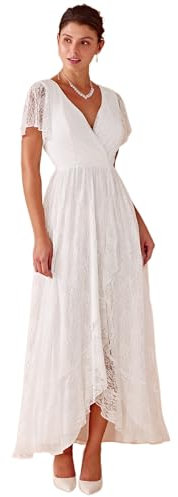 Ever-Pretty Robe de Cocktail Femme Longue Asymétrique Dentelle Manches Courtes Col V Fluide Chic Blanc 48