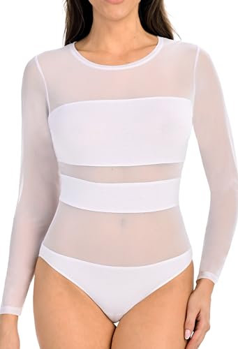 Teyli Bodysuit Long Sleeve - Women's Bodysuits with Mesh - Body Suits Women with Round Neck, Elegant & Comfortable Fit for Any Occasion White