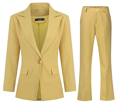 YUNCLOS Women’s 2 Piece Suit Set One Button Blazer Jacket Formal Office Work Trouser Suits Business Smart Suit Jacket and Trouser Yellow