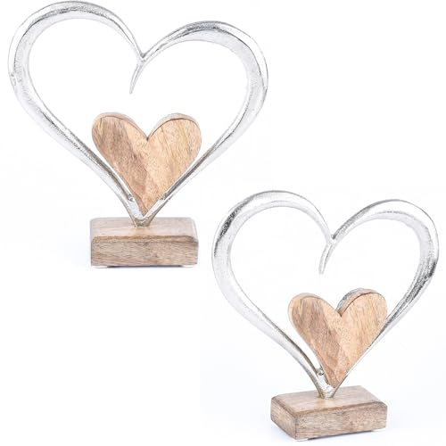 2er Set Dekoaufsteller Herz Amour Motiv 3 aus Holz und Aluminium 20 cm
