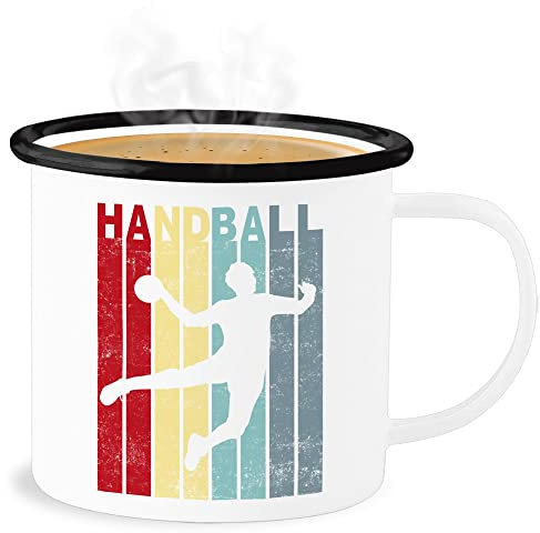 Emaille Becher Blechbecher - Deko Tasse Hobby - Handballer Handballspieler Geschenk Sprungwurf Handball - 300 ml - Weiß Schwarz