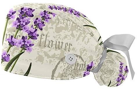 FVQL 2 Stück Bouffant OP-Haube für langes Haar, Doctor Cap Scrub Cap, Blumen-Lavendel-Vintage-Muster