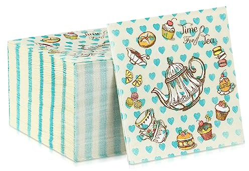 Fulmoon 100 Pcs Disposable Paper Luncheon Napkins Cute Dessert Tea Pot Cup Cocktail Napkins Floral Tea Time Napkins for Tea Party Birthday Baby Shower Table Decorations, 9.84 x 9.84 Inch, Multicolor