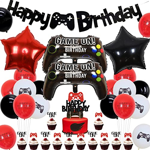 Videospiele Geburtstagsschmuck, Jungen Spieler Geburtstagsschmuck, Videospiele Ballons Sterne Halo Game Controller Ballons, Videospiele Happy Birthday Banner Kuchen Geschenk Hut Kuchen Hüte
