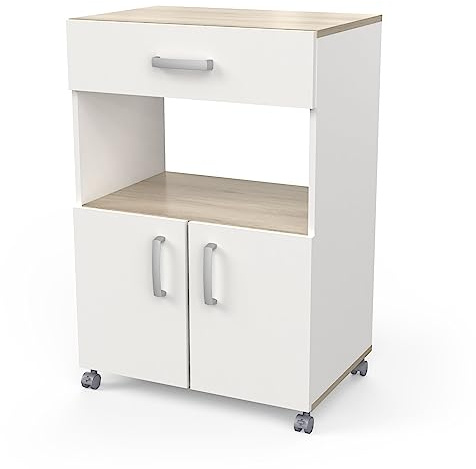 Desserte Roulante 2 Portes 1 Tiroir – Idéal Micro-Onde et Waterproof – ANIS - Couleur Blanc Mat & Chêne - 41,3 x 59,6 x 88,3 cm