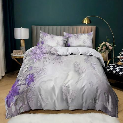 XCQHZYQ Bettwäsche-Sets Lila Blume Bettwäsche 180x200 cm Weiche Mikrofaser Allergiker 3 Teilig Bettbezug mit Reißverschluss für Teenager Erwachsene