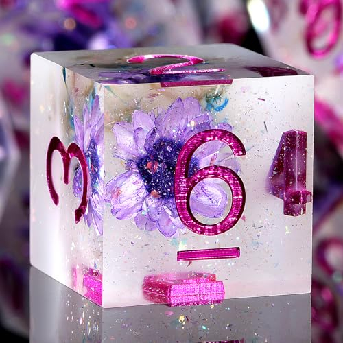 DNDND Blumen-DND-Würfel, handgefertigt, doppellagig, Harz, scharfe Kanten, Stanzform mit Geschenketui für D&D-Dungeons und Drachenspiele (lila Blume)