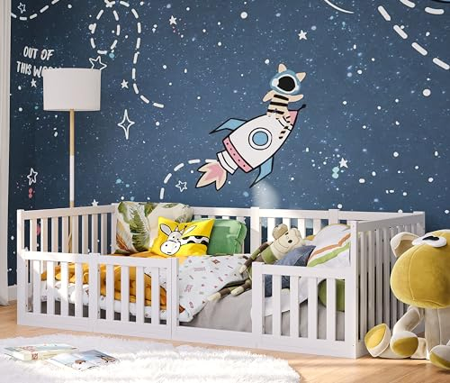 Bellabino Cuvo Kinderbett mit Rausfallschutz, Bodenbett 90x200 cm inkl. Lattenrost, Montessori Bett Kiefer massiv, weiß lackiert