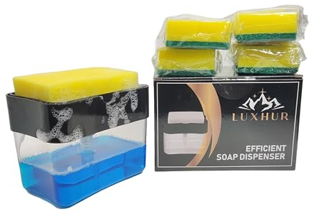 LUXHUR - Jabonera Cocina 2 En 1, Dosificador Jabon Cocina con Capacidad De 500 Ml, Base Antideslizante Y 5 Estropajo Cocina Incluidas – Organizador Fregadero Eficiente Y Ahorra Jabón