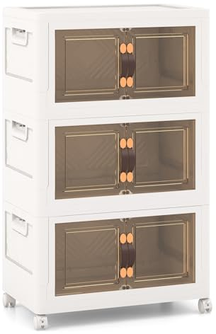 GOPLUS Aufbewahrungsbox mit Deckel, stapelbarer Aufbewahrungsschrank mit Rollen & Handgriff, Klappbox Schuhboxen Ordnungsboxen für Wohnzimmer & Schlafzimmer (L, 3 Ebenen)