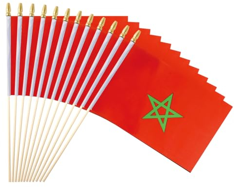 Ckexin Paquete de 25 banderas marroquíes pequeñas de mano con bandera de Marruecos en palo de 5 x 8 pulgadas