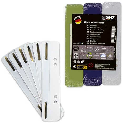 SIGNZ Heftstreifen Pappe, 75 Stück, 25 x 3 Farben, Recycling-Karton, CO2-neutral hergestellt, made in Germany (75 Stück, dunkel-blau, grün, weiß)