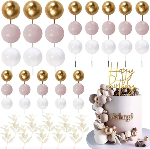 Lukinuo Khaki Kuchen Topper 50pcs Boho Kuchen Topper Gras Khaki Weißes Gold Perlen Kugel Geburtstag Mini Ballon Kuchen Dekoration Stick Dekor für Hochzeit Baby Dusche Geburtstag Boho Party