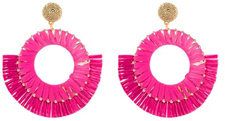 Bohemian Raffia Geflochtene Kreis-Ohrringe Für Damen – Retro Geometrische Quaste Ohrhänger Übertrieben Statement-Schmuck, Lässiger Urlaub Lange Hänger Charm Klobige Accessoires Geschenke, Pink