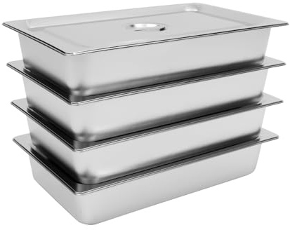 Gastronormbehållare, 4 stycken rostfria behållare med lock, 50,8 x 30,48 x 10 cm matbehållare kommersiell varmhållningsbehållare för mat, hotellpanna