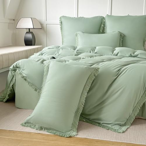 Amolavet Boho Quasten Design Salbeigrün Bettwäsche 135x200 2teilig Set aus Gebürstetem Mikrofaser Sommer Bettwäsche 135x200 Bettbezug 135 X 200 Mit Reißverschluss + Kissenbezüg 80x80 für Einzelbett