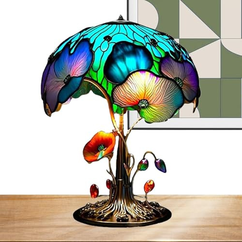 Pilzlampe, verträumte bunte Malerei Harz Pilz Tischlampe LED Licht, Vintage Raumdekor Home Statue, Bohemian Harz Pflanze Serie Schlafzimmer Nachtlicht für sanftes Leuchten