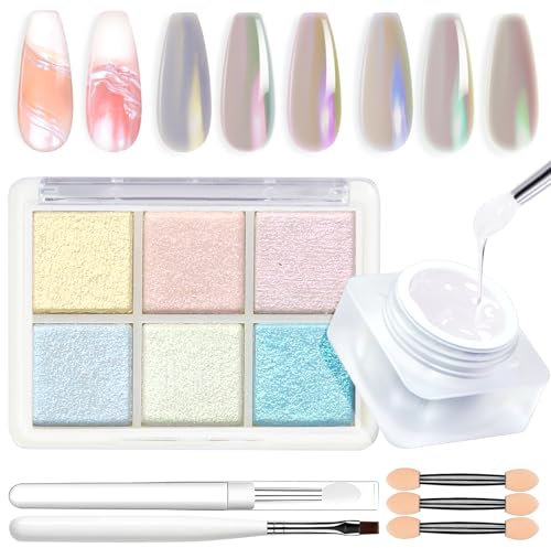 U-Shinein Chrome Nail Powder Set, 6 Color Chrome Glitter Powder, Metallic Chrome Powder Kit, Semi Solid Modeling Gel with Nail Brush, Silicone Nail Brush for Nail Art Nail Design, 01