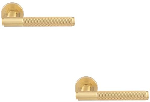 2 Pack - Luxury Knurled Door Handle Set - Satin Brass Angled Lever on Round Rose