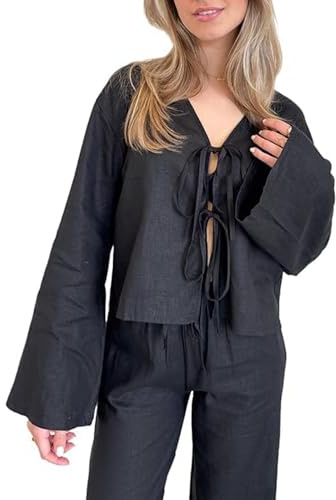 Chvity Tie Front Tops for Women Y2K Linen Shirts Flare Sleeve V Neck Going Out Coquette Clothes Casual Lace Up Bow Blouses, Black, M