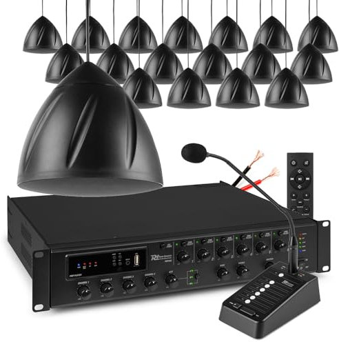 18x PDS40W Commercial Pendant Speaker System - 100V Ceiling Hanging Speakers with 6-Zone Paging Mic, Multi Zone Amplifier, Bluetooth, USB, Internet Radio for Warehouses, Offices & Retail Spaces