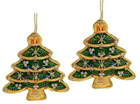 2 x Victorian Style Hand Embellished Christmas Fir Tree Shaped Bauble Decorations - Green/Red/Gold - 10.5 cm