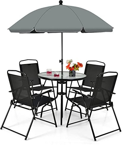 COSTWAY 6 teiliges Gartenmöbel Set, Terrassenmöbel mit Sonnenschirm, Gartentisch & 4 Klappstühlen, Gartengarnitur Sitzgruppe für Garten, Balkon