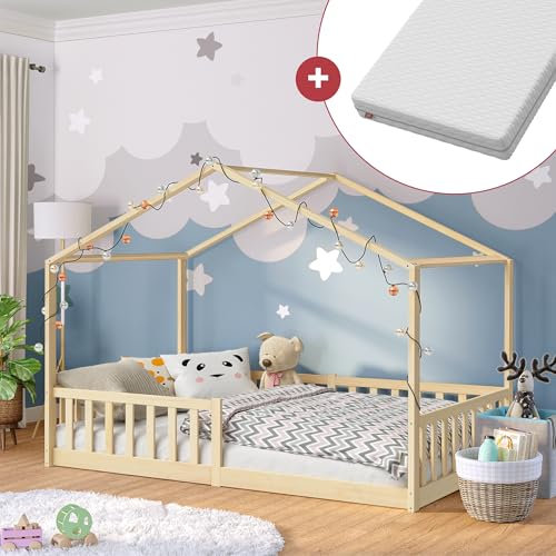 Bellabino Bia Kinderbett 120x200 cm – Hausbett mit Matratze, Rausfallschutz & Lattenrost – Montessori Bodenbett aus Massivholz Kiefer – Kinder Bett in Natur für Jungen und Mädchen