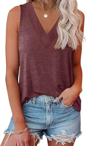 EyMuse Women V Neck Tank Tops Summer Sleeveless Tunic Casual Basic Shirts True Classic Tees Cute Trendy Clothes, Redwood, XL