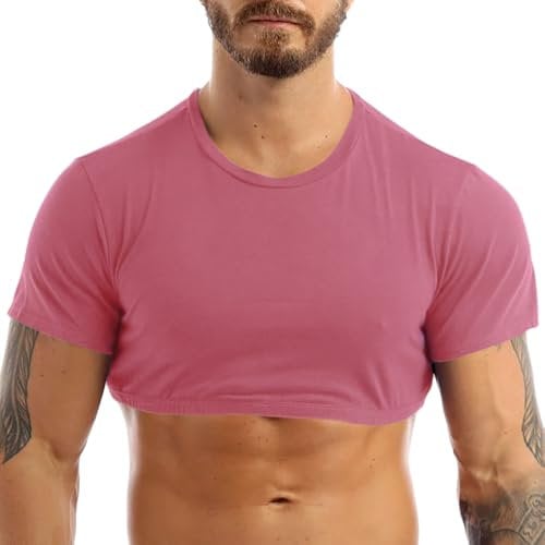 Uomo Muscle Fit Crop Top Manica Corta Fitness Cropped T-Shirt Rosa XL