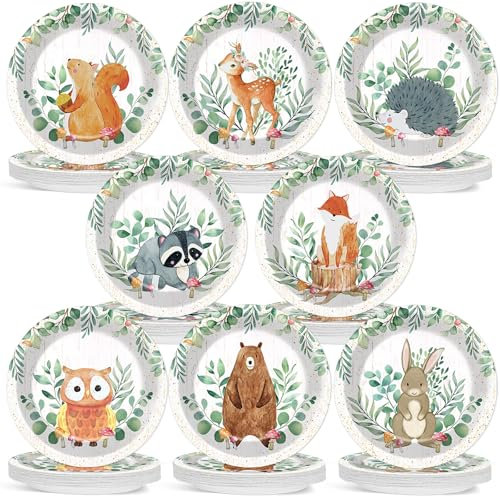 ZOIIWA 64PCS Woodland Baby Shower Party Plates Safari Jungle Wild Animal Theme Paper Dinnerware Plate Set Watercolor Forest Animals Decors for Neutral Gender Reveal Supply Kids Birthday Favors 7inch