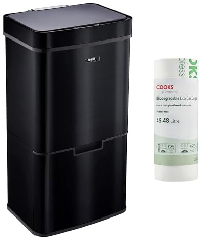 Cooks Professional Recycling Sensor Bin 75L with Dual Compartments and Removable Food Caddy for Kitchen | Smart Automatic Brushed Metal Bins | Includes 25 Biodegradable Bin Bags | Black