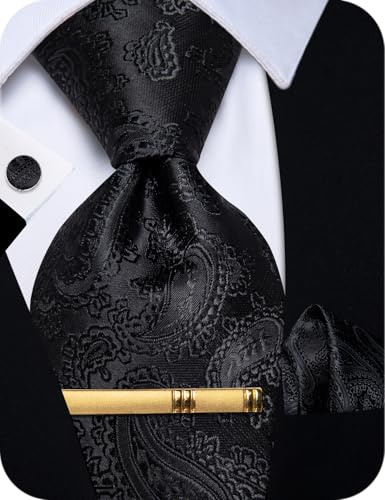 YourTies Black Tie for Men Paisley Silk Necktie Pocket Square Cufflinks Tie Clip Set Solid Color Business Formal Wedding