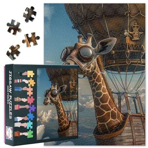 1000 Stück herausfordernde Pilot Giraffe Puzzles für Erwachsene, Tiere | Giraffe in einem heißluftballon hoch oben im himmel puzzle als geschenke tierliebhaber und familie puzzle nächte 50cmx70cm