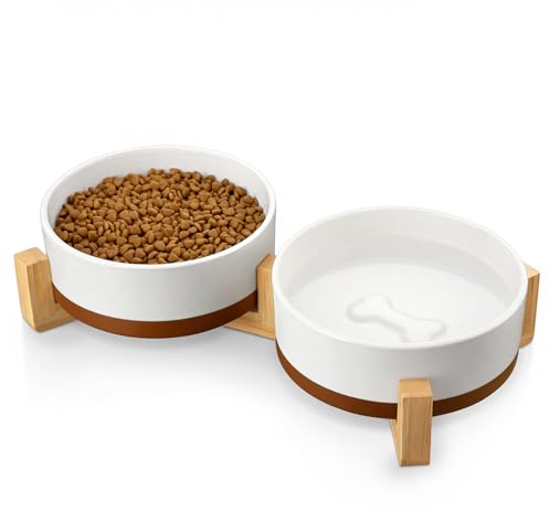 MALACASA Ceramic Dog Bowls Set with Wood Stand, 3.5 Cups Pet Bowls for Medium Dogs with Non-Slip Base, Large Puppies, Cats, Retrievers, ect.Pet Food & Water Basic Bowls Set, Weighted Glaze Matte.34 OZ