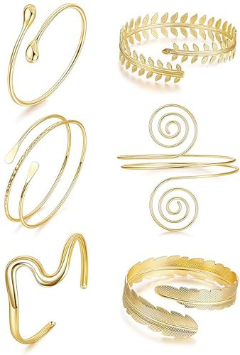 LunarCharm juego de brazaletes para el brazo superior de mujer de 6 piezas, brazalete abierto, pulsera ajustable estilo boho, set de pulseras minimalistas con diseño de hojas en espiral