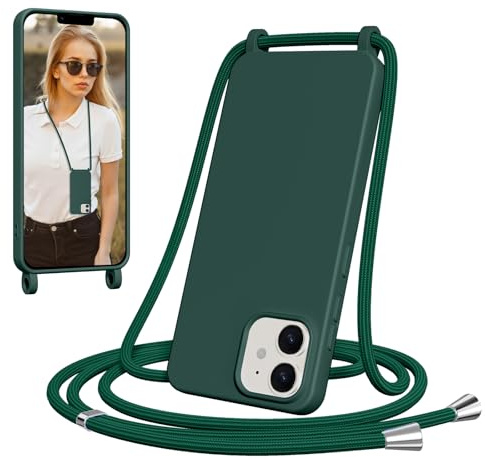 Jrkvniv Cover per iPhone 11 con Cordino, Morbido TPU Silicone Case con Laccio Tracolla, Regolabile e Rimovibile, Antiurto AntiGraffio Case per iPhone 11, Verde