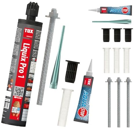 TOX Set mit 1x Verbundmörtel Liquix Pro 1 styrolfrei 280 ml und 2x Schwerlast-Montagesystem Thermo Proof M12x300 für Abstandsmontagen, sichere Befestigung von Markisen und Geländern, 084909271
