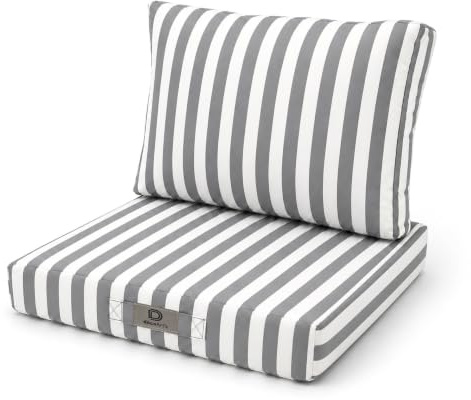 Déco Arts — Lot de 2 Coussins Déhoussables Salon Jardin 50x50 — Assise 50x50 + Dossier 50x35 cm — Imperméable Anti-UV — Remplacement Mobilier Jardin Terrasse Balcon Véranda — Rayures Gris Clair